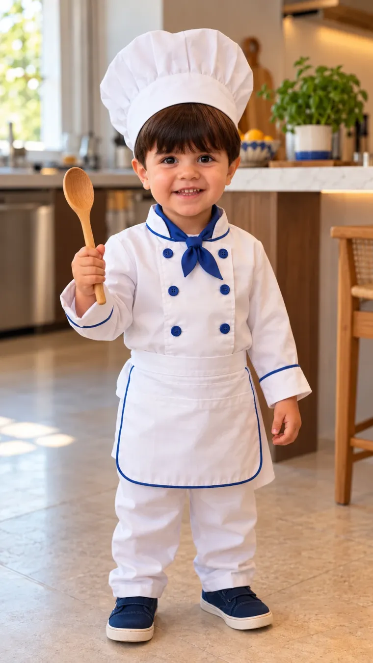 Matteo vestido de chef, segurando uma colher de pau